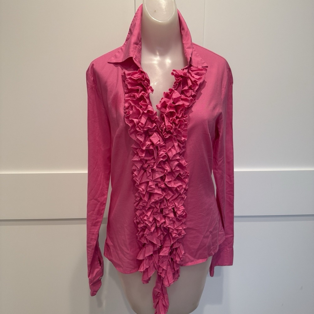 United Colors Of Benetton Womens Cotton Pink Ruffle Fitted Blouse Size S